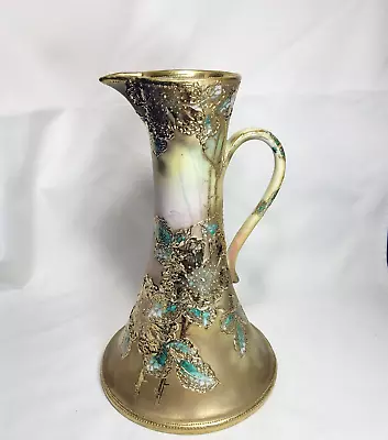 Buy Antique Nippon Hand Painted  Beaded Moriage Gold Gilded Ewer Vase 12 1/4  • 465.03£