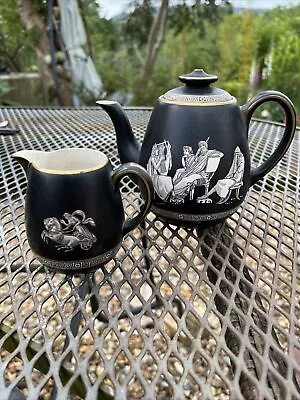 Buy Pratt Ware Antique Tea Pot And Jug Black/Gold Greek Design • 20£
