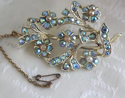 Buy Old Vintage Flower Brooch - Gold Tone Metal, Aurora Borealis Glass & Faux Pearls • 3.95£