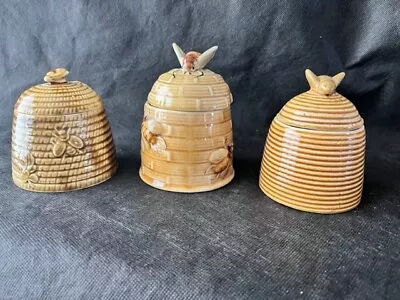 Buy 3 Ceramic Basket Style Honeypots With Lids, Decorated With Bees (incl Sunglow) • 10£