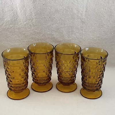 Buy Vtg Indiana Glass Whitehall Amber Cubist Tumblers (4) Footed 6” Ice Tea Stunning • 41.94£