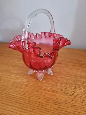 Buy Victorian Cranberry Glass Ruffle Frilly Basket Hand Blown Antique British • 22.50£