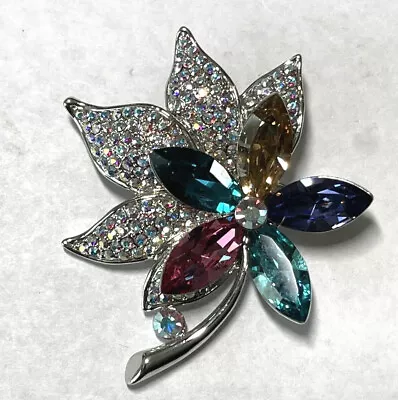Buy Rhinestone Flower Pin/Brooch With Leaves & Stem Silver Tone Multi Colored Stones • 12.07£
