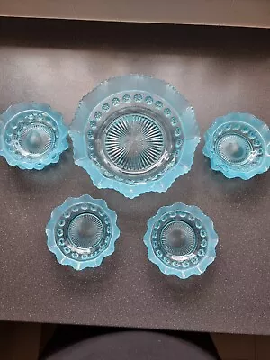 Buy Vintage 1928 Art Deco Ice Blue  Davidson Glass Dessert Bowl & 6 Matching Dishes • 25£