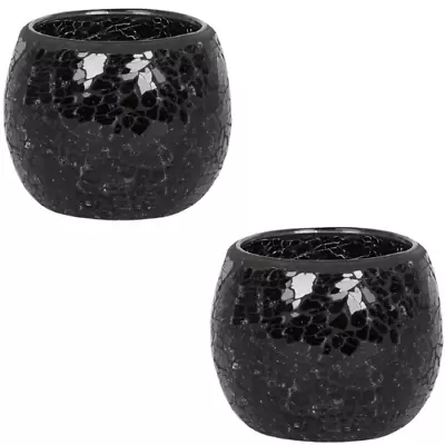 Buy 2 X Candle Tea Light Holders 8cm Mosaic Black Crackle Glass Crazed Effect Boxed • 7.99£