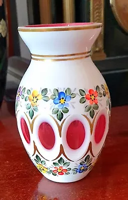 Buy Victorian Bohemian Glass Vase With Cranberry Glass Panels. Hand Painted. • 14.99£