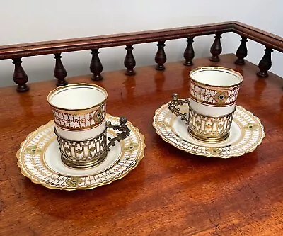 Buy Superb Pair Antique Aynsley Porcelain Coffee Cups, Heavy Sterling Silver Holders • 40£