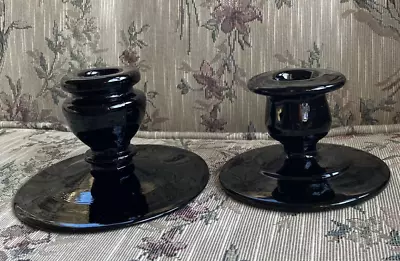 Buy 2 Glass Black Amethyst Candlestick Candle Holders Pressed Art Deco Purple Black • 13£