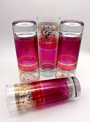 Buy Vintage Tall Water Cranberry Pink Glasses  X 4 Gold Scrolls 16.5 Cm • 15£
