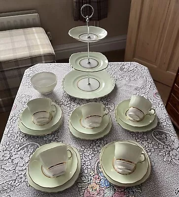 Buy Vintage Colclough Bone China Harlequin Ballet Pale Green Tea Set & Cake Stand • 36£