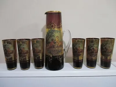 Buy Large Bergundy And Gold Jug And Six Large Glasses • 28£