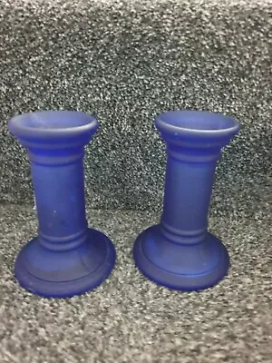 Buy Pair Of Frosted Glass  Cobalt Blue Colour Round Glass Candlesticks, Preowned • 4.99£