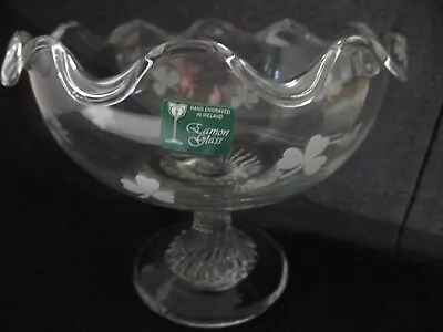 Buy Vintage Eamon Glass Irish Crystal Pedestal Compote /Candy Dish Etched Shamrocks • 13.05£