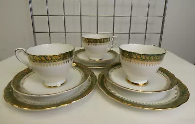 Buy Tea Set X 9 Royal Stafford Bone China Cup & Saucer Side Plate Gold/Green Pattern • 9.99£