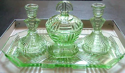 Buy Bohemia Czech Art Deco Green Glass 5 Pc Vanity Trinket Tray Candlestick Set • 39.99£