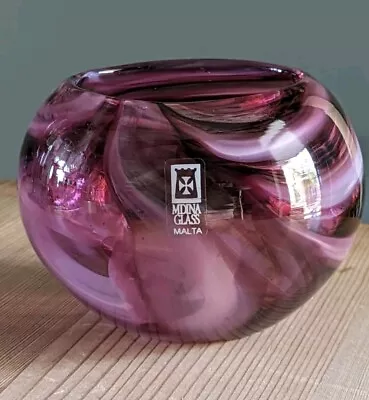 Buy Vintage Mdina Art Glass Bowl Vase Red Dark Pink White Swirl Signed 83.02Q • 18£