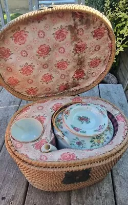 Buy Antique Chinese Teapot Famille Rose Hand Painted & Wicker Basket • 75£