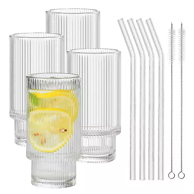 Buy 4x Ribbed Glassware Set Glass Cups Juice Glass Fluted Glassware Drinking Glasses • 14.92£