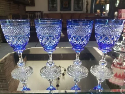 Buy 4 Wine Goblets Glass Cobalt Blue Cut To Clear Crystal Signed Tudor England TUD18 • 186.34£