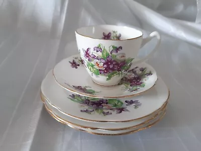 Buy Guaranteed English Bone China Purple Flower & Leaf Teacup Saucer & 3 Plate  Set • 7.99£