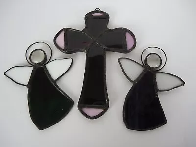 Buy Set Of 3 Stained Glass Angel/Cross Ornaments Window Hangers Pink Purple Green • 14.68£