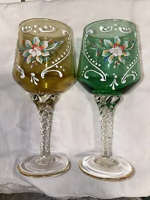 Buy 2 Hand Painted Vtg Bohemian Footed Glasses Green Amber. Gold Trim. Wine • 14£