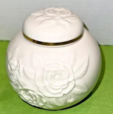 Buy Lenox USA Ivory Rose Flower Embossed 24K Gold Trim Lidded Jar Bowl 5 Inches Tall • 17.70£