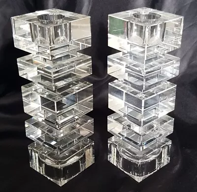 Buy Pair Of 2 Cut Glass Modernist Tealight/Candle Holders Stacked Squares Flaw • 15£