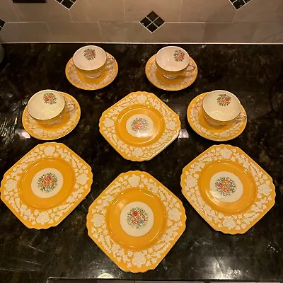 Buy George Jones & Sons Crescent Rhapsody Butterscotch 12 Pc Square Luncheon Set EUC • 186.38£