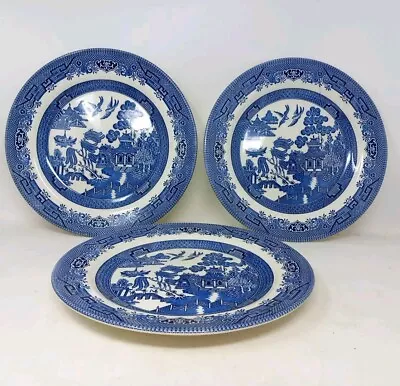 Buy 3 X Churchill China Vintage Blue Willow Pattern Pottery 9.5 Inch Dinner Plates • 17.99£