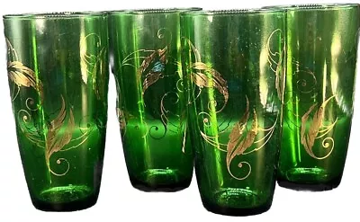 Buy 4 Anchor Hocking Tumblers Dark Green Glass With Gold Leaves Vintage • 32.61£