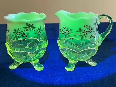 Buy RARE Vaseline Glass National Glass Company Wreath And Shell Spooner And Creamer • 214.34£