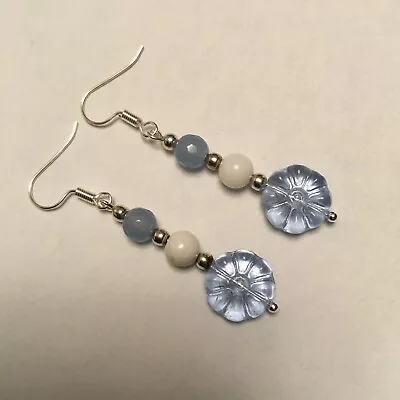 Buy Vintage Art Deco Style Blue Czech Glass Flower Earrings In Silver Plate • 7.70£