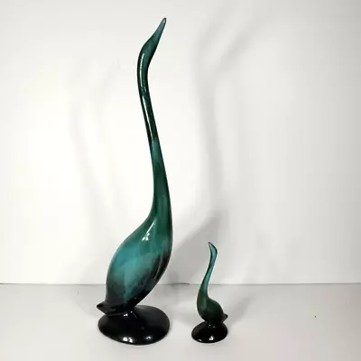 Buy Pair Blue Mountain Pottery Swans Long Neck Green & Blue Black Drip Glaze Heron • 55.86£