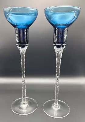 Buy Hand-blown 10  Tall Glass Blue Top Candle Holders Clear Twist Stems Set Of 2 • 16.77£