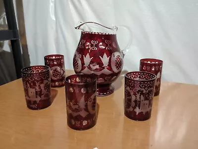 Buy Vintage Ruby Red Stain Flashed/Cut To Clear Bohemian  Pitcher W/ 5 Glasses  • 46.55£