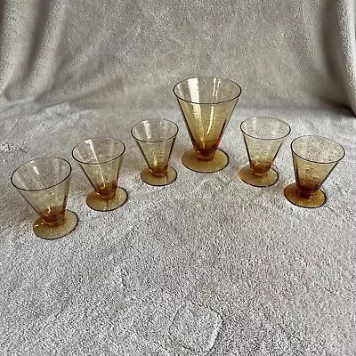 Buy Vintage Amber Glassware Set Depression Era 5 Shot Glasses & One Cocktail Glass • 32.68£