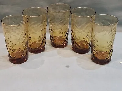 Buy Vintage 1970s Set Of 5 Amber Bark Ripple Effect Mid Century Tumbler Glasses GC • 24.99£