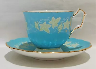 Buy Aynsley Fine Bone China Footed Cup & Saucer Set Blue & Green Grapes Leaves • 22.40£