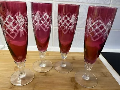 Buy 4 X Vintage Cranberry Cut Glass Champagne Glasses • 23.99£