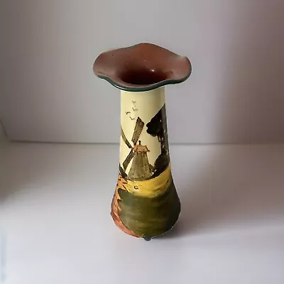 Buy Mosanic Windmill Dutch Scene Vase Coloured Pottery Wavy Rim Dog Antique 1900 • 45£