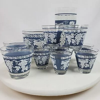 Buy Hazel Atlas 1960s Blue Grape Pattern Wedgwood Glassware Cocktail Bar 12 In Set • 22.83£