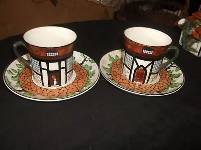 Buy Pair Of Vintage Art Deco Cups & Saucers Bold Tudor Cottage Rustic John Maddock • 26£