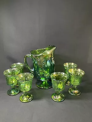 Buy Vintage Indiana Westmoreland Green Carnival Glass 1 Pitcher 6 Pedestal Glasses • 74.55£