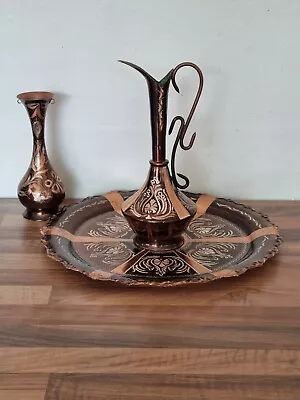 Buy Vintage Etched Copper Turkish Plate/ Charger + Matching Jug. + No Match Bud Vase • 22.99£