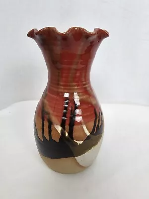 Buy Vintage Canterbury Pottery Vase Fluted Edge Red Cream Beige Black Tan  • 20£