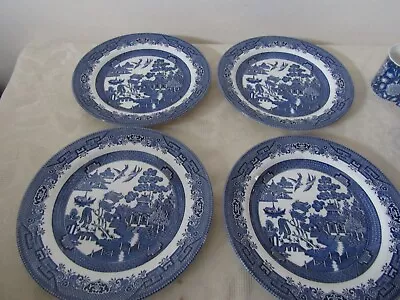 Buy Vintage Retro Churchill Pottery Set Of 4  Blue Willow Pattern Dinner Plates 26cm • 19.99£