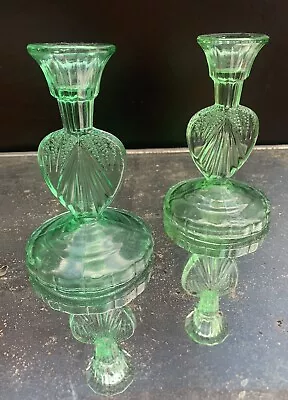 Buy Art Deco  SAMUEL REICH Green Glass Pair Of Candle Sticks - Sunburst Pattern • 30£