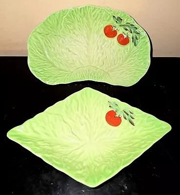 Buy 2 Vintage Beswick Ware Majolica Lettuce Leaf Tomato Bowls - Diamond & Curved • 20£