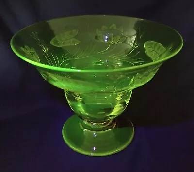 Buy  Webb Primrose Vaseline Art Glass Bowl Hand Engraved Water Lily Pattern Glows • 316.86£